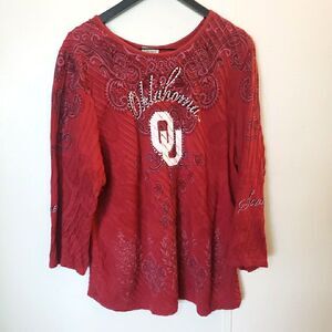 P. Michael OU Boomer Sooner Red Oklahoma 3/4 Sleeve Embellished Top Size L-XL